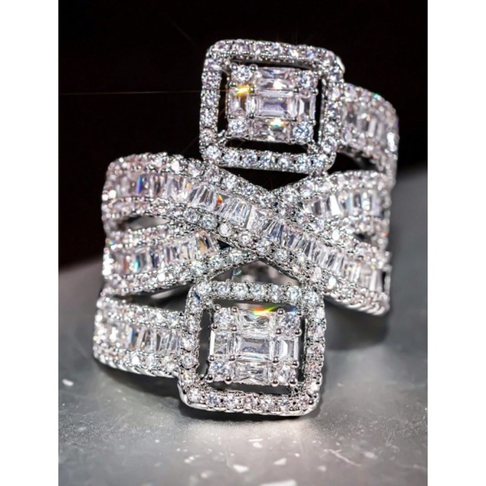 Silver Tone Cubic Zirconia Baguette Crossover Statement Cocktail Ring Size 7 - Picture 3 of 3